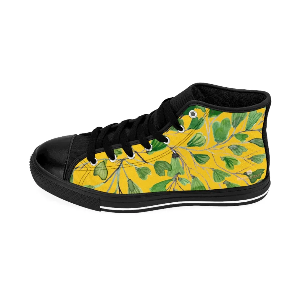 Yellow Maidenhair Men's Tennis Shoes, Tropical Print Designer Best High-top Sneakers For Men