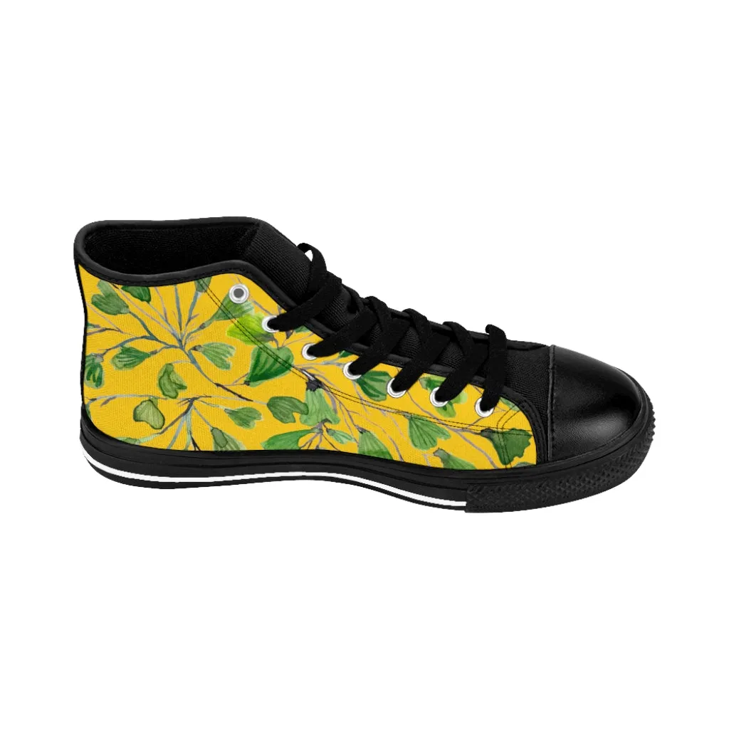 Yellow Maidenhair Men's Tennis Shoes, Tropical Print Designer Best High-top Sneakers For Men