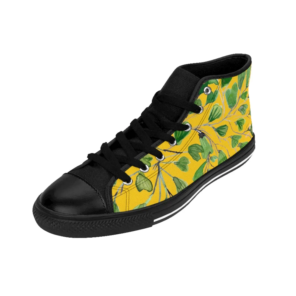 Yellow Maidenhair Men's Tennis Shoes, Tropical Print Designer Best High-top Sneakers For Men