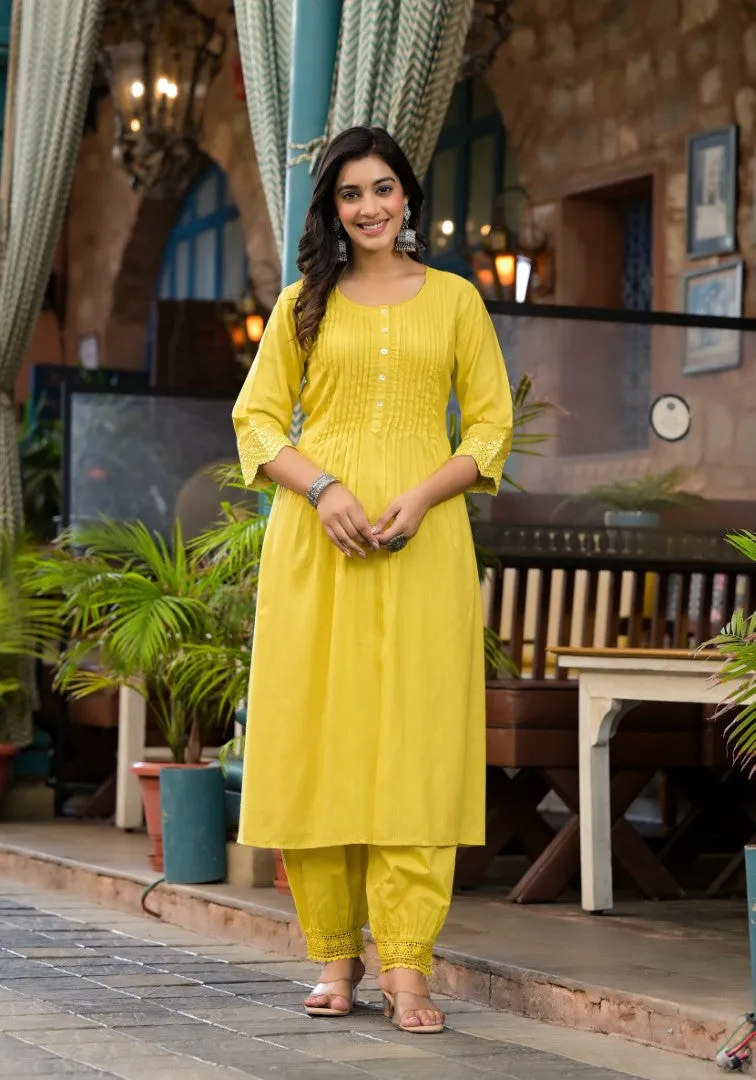 Yellow Mirror Embroidered Liva Rayon Kurta Pant And Dupatta Set With Lace & Button Detail