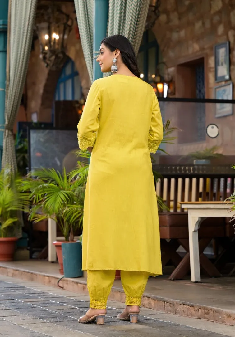 Yellow Mirror Embroidered Liva Rayon Kurta Pant And Dupatta Set With Lace & Button Detail