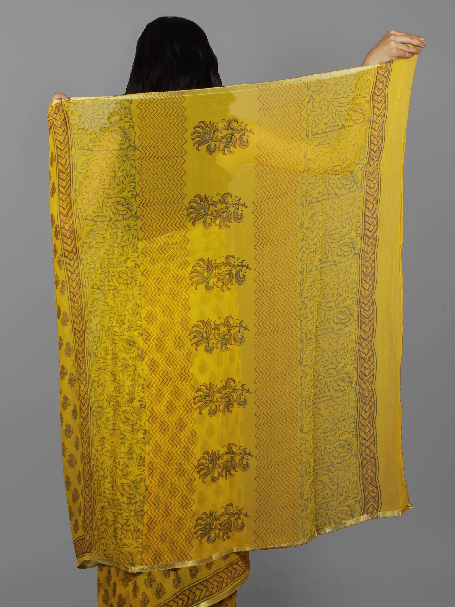 Yellow Mustard Green Hand Block Printed Chiffon Saree - S031702117