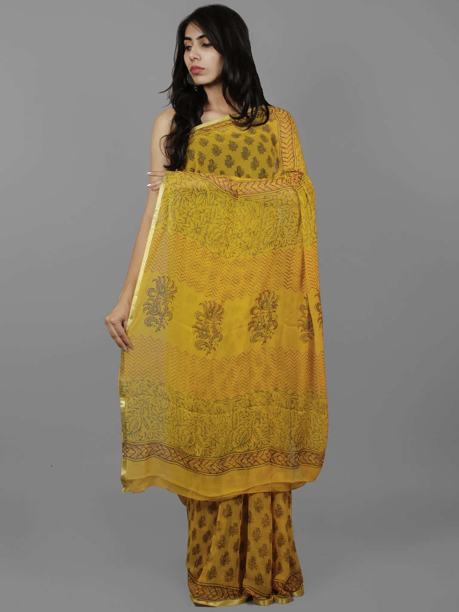 Yellow Mustard Green Hand Block Printed Chiffon Saree - S031702117