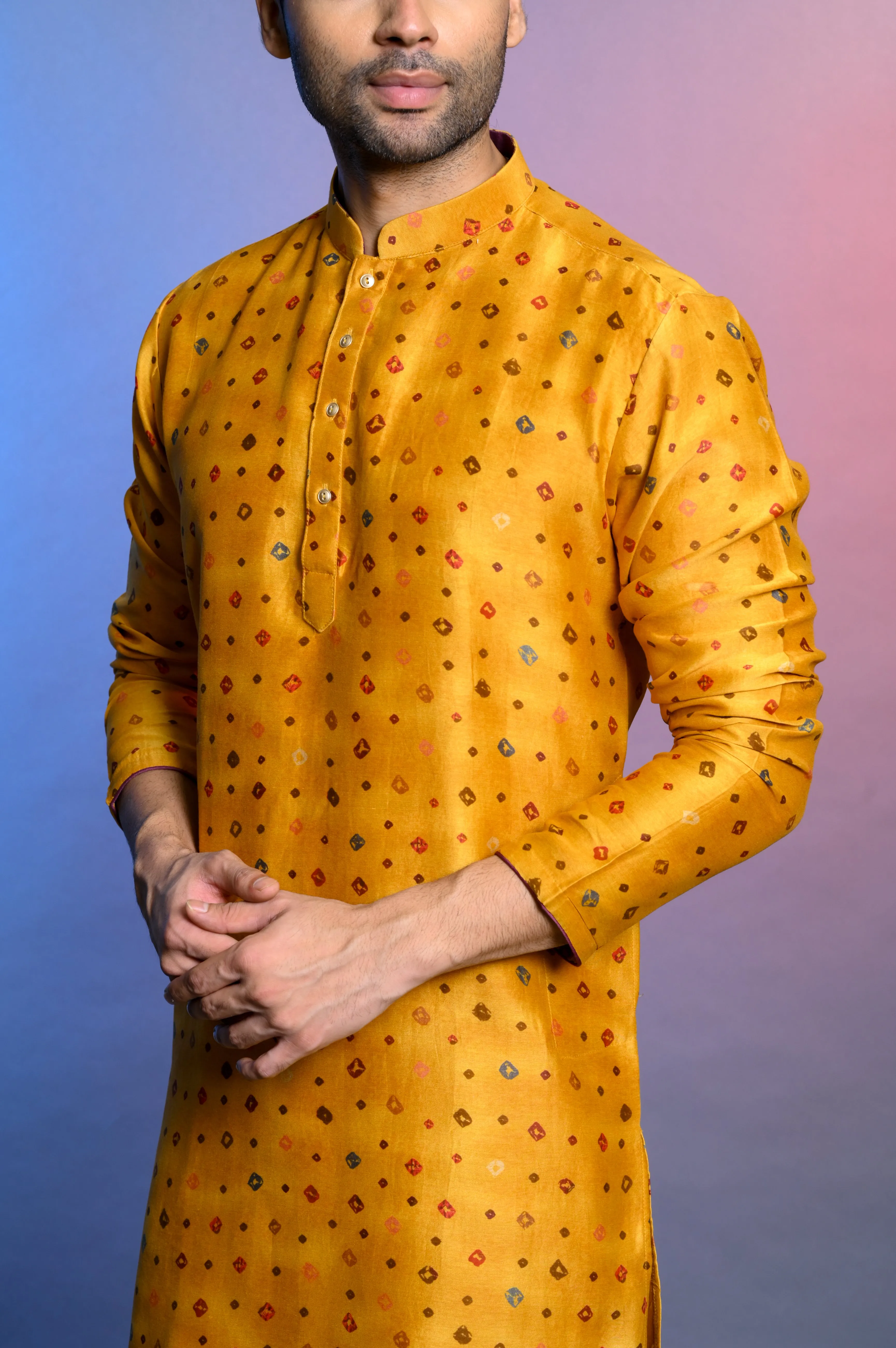 Yellow Silk Kurta Set WIth Printed Fabric