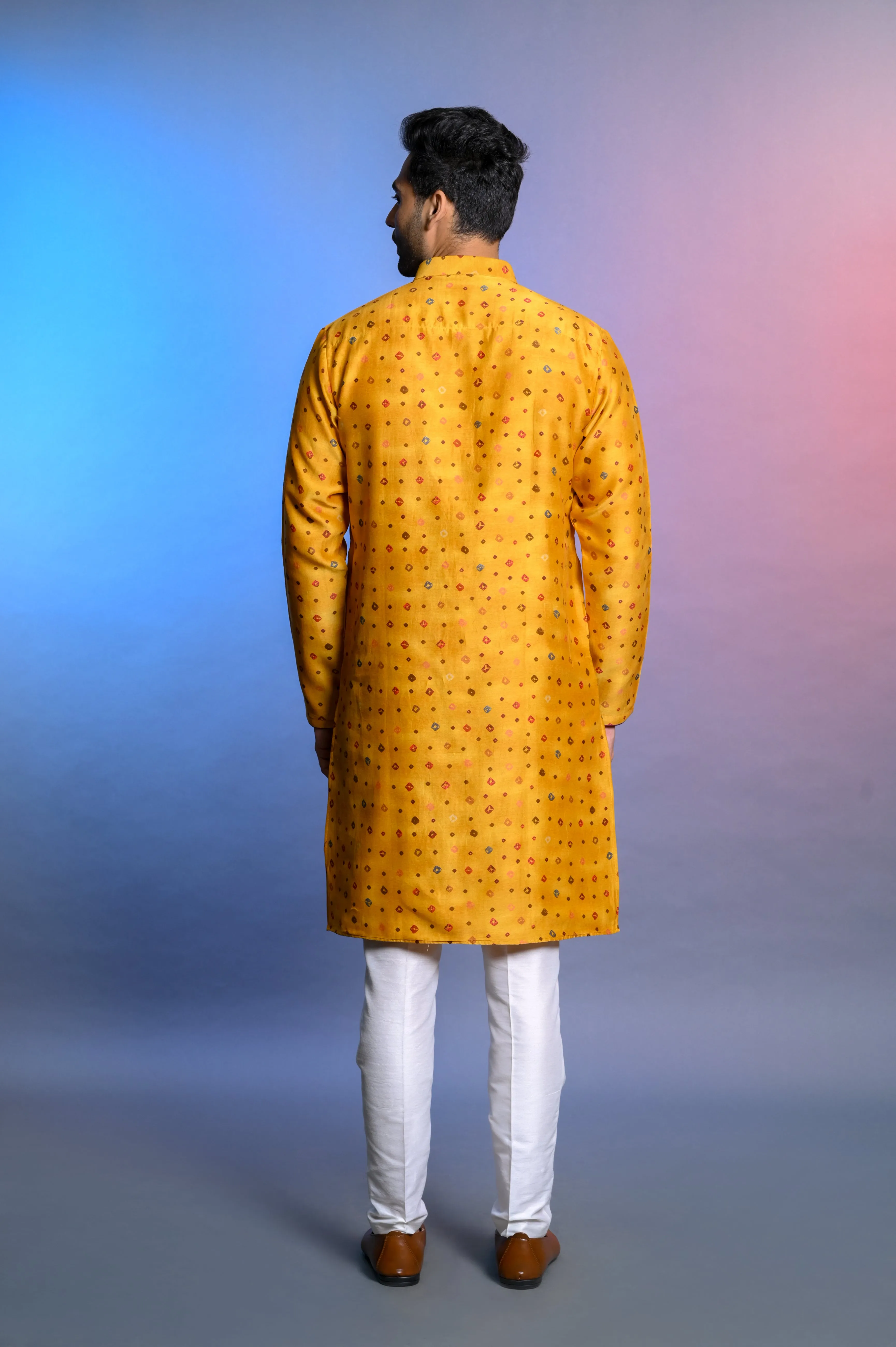 Yellow Silk Kurta Set WIth Printed Fabric