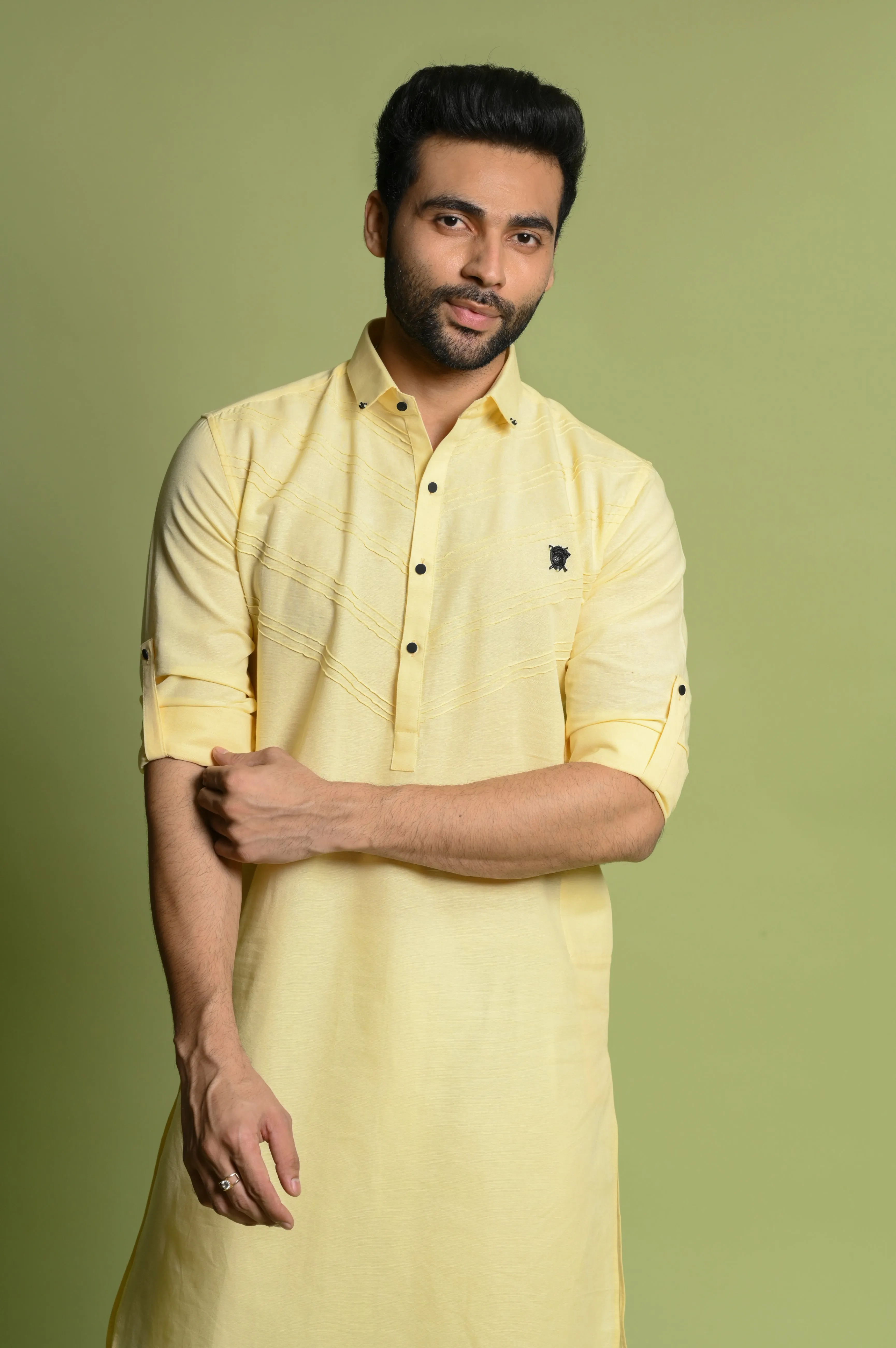 Yellow Slim Fit Men's Pathani Set in Cotton