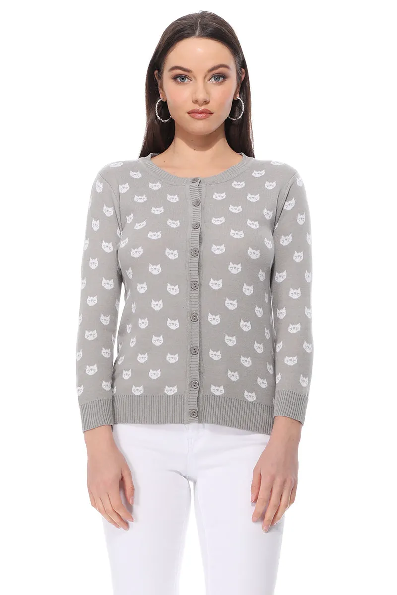 YEMAK Women's Cute Cat Pattern 3/4 Sleeve Button Down Stylish Cardigan Sweater MK3466