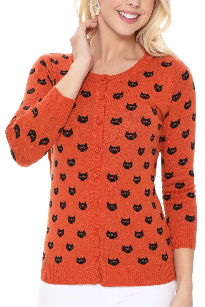 YEMAK Women's Cute Cat Pattern 3/4 Sleeve Button Down Stylish Cardigan Sweater MK3466