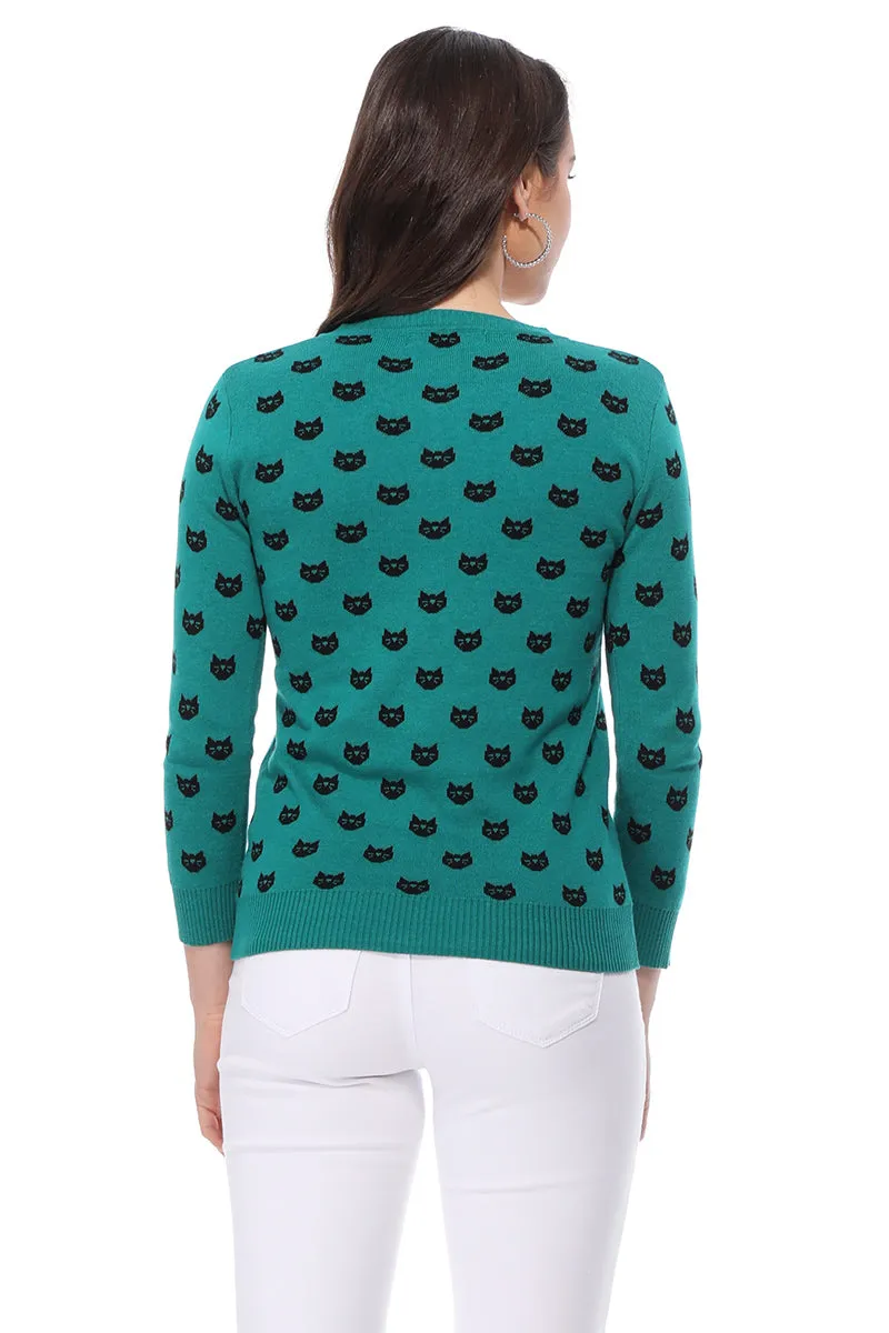 YEMAK Women's Cute Cat Pattern 3/4 Sleeve Button Down Stylish Cardigan Sweater MK3466