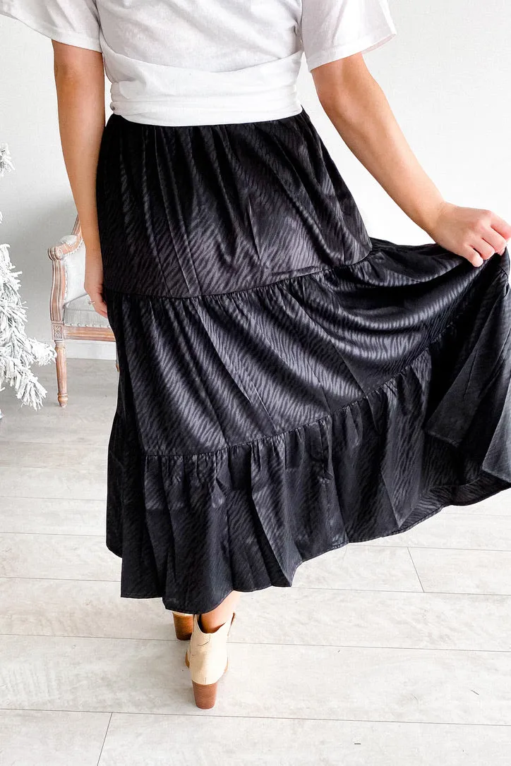 Zeida Zebra Print Satin Midi Skirt