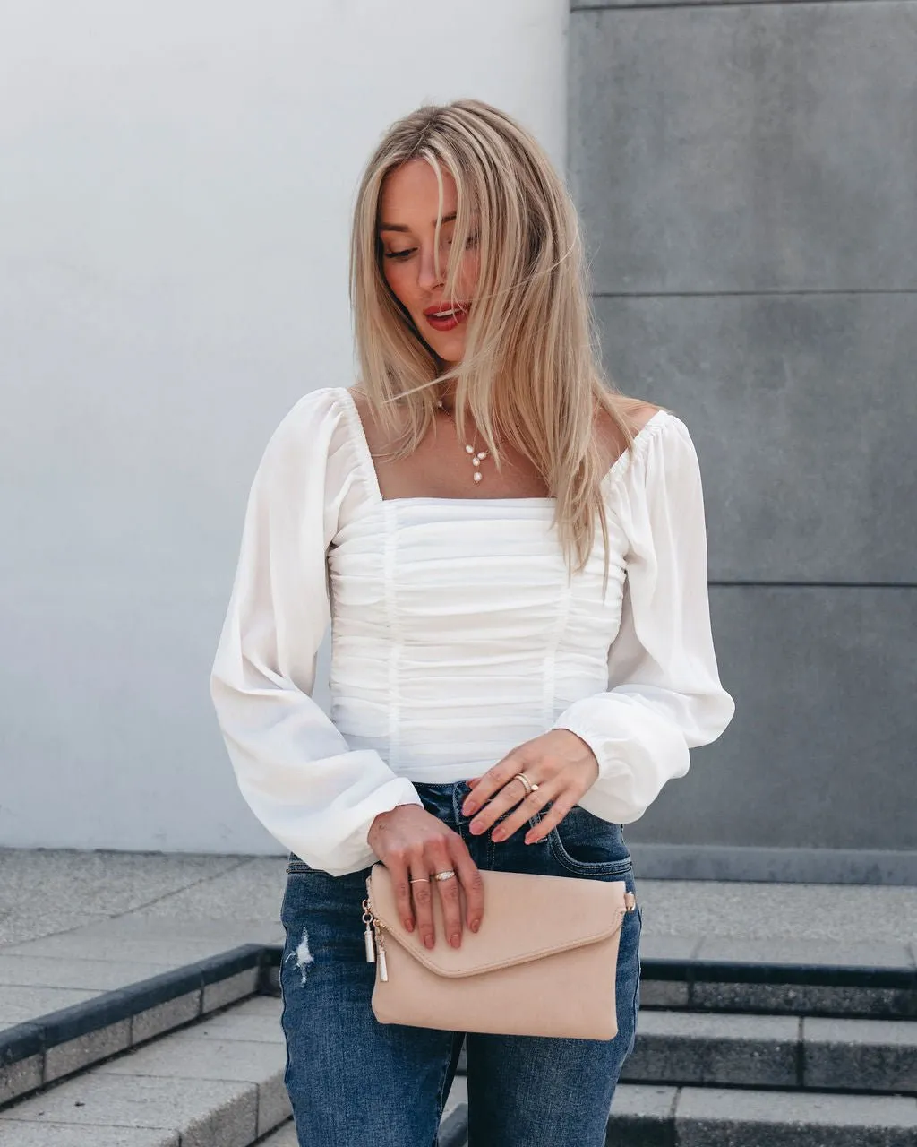 Zoe Pleated Detail Smock Top - White - FINAL SALE